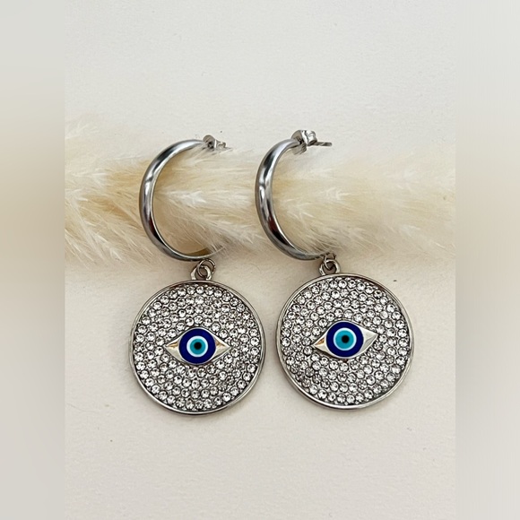 Elegant Evil Eye Pendant Hoops - Protection Evil Eye Zircon Hoop Earrings - Picture 3 of 9